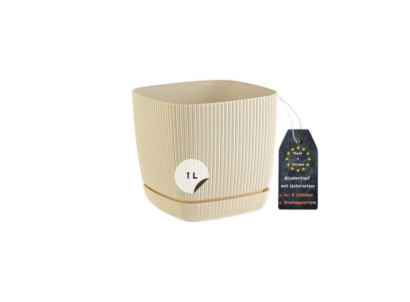 Engelland Blumentopf Pflanztopf mit Drainagesystem & Untersetzer (12 x 12 cm, 1 Liter, 1 St., robuster PP-Kunststoff), eckig, Rillenoptik, UV-resistent, direkte Bepflanzung von Engelland