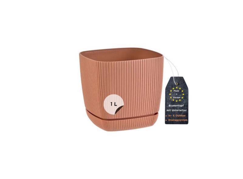 Engelland Blumentopf Pflanztopf mit Drainagesystem & Untersetzer (12 x 12 cm, 1 Liter, 1 St., robuster PP-Kunststoff), eckig, Rillenoptik, UV-resistent, direkte Bepflanzung von Engelland