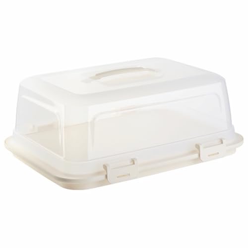 Engelland Rechteckige Kuchen-Transportbox mit Griff, Deckel und 4-fach Klick-Verschluss, Farbe: Beige-Transparent, 44 x 35 x 17,50 cm, BPA-frei, Torten-haube, Stückeinteilungshilfe von Engelland