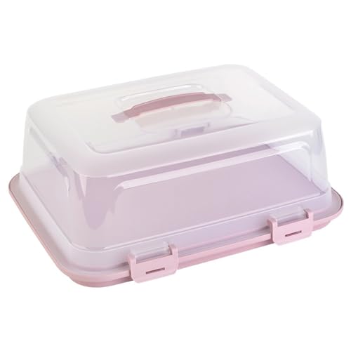 Engelland Rechteckige Kuchen-Transportbox mit Griff, Deckel und 4-fach Klick-Verschluss, Farbe: Rosa-Transparent, 44 x 35 x 17,50 cm, BPA-frei, Torten-haube, Stückeinteilungshilfe von Engelland