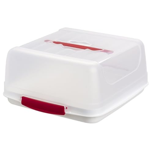 Engelland Recht-Eckige Kuchen-Transportbox mit Griff, Deckel und 2-fach Klick-Verschluss, Farbe: Rot/Transparent, L 27,5 cm x B 26,5 x H 12,5 cm, BPA-frei, Torten-haube, quadratisch von Engelland