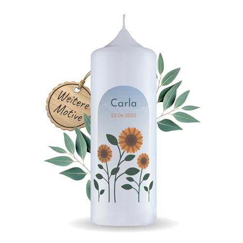 Personalisierte Stumpenkerze Sonnenblume I Taufkerze Mädchen 20 cm mit Name&Datum I Handgemachte Kerze I Erinnerungskerze I Personalisiertes Taufgeschenk I Lange Brenndauer I Engels Kerzen von Engels Kerzen
