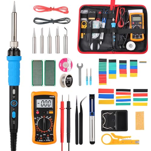lötkolben Set: Lötkolben mit LCD Digitalmultimeter, 60W Soldering Iron mit 5 Ersatzspitzen, Ständer, Entlötpumpe, Lötzinn, Abisolierzange, Pinzette, Klebeband, Werkzeugtasche von EngineR