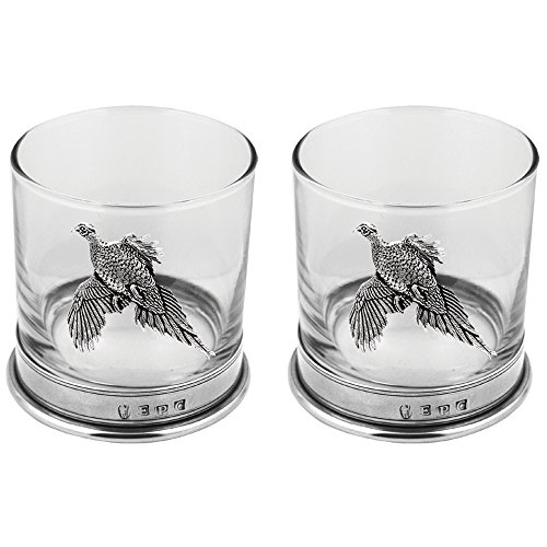 English Pewter Company Whiskyglas-Set mit Zinnbasis und Fasan-Emblem [PHS105] von English Pewter Company Sheffield, England