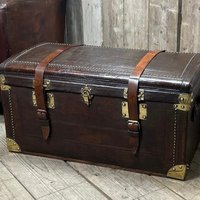 Frühe Antike Leder & Messing Gebunden Trainer Reisekoffer Truhe von EnglishLeatherTrunks