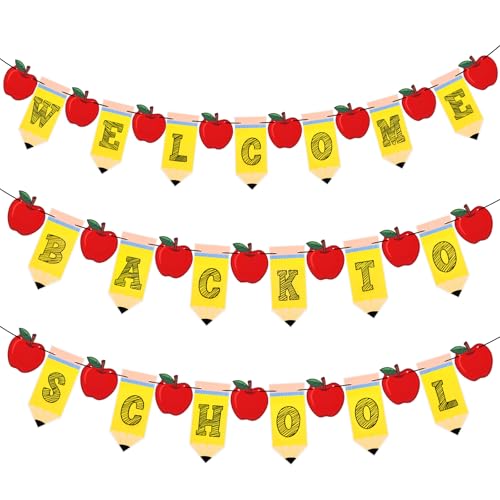 Engrowtic Banner mit Aufschrift "Welcome Back to School", roter und gelber Bleistift, Apfel, Papiergirlande, festliche Party-Dekorationen für Klassenzimmer, Lehrer, Party-Dekoration, Foto-Requisiten von Engrowtic