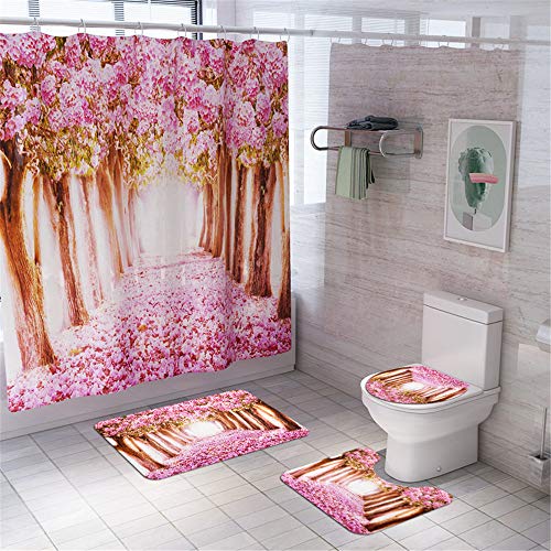 Enhome 4-teiliges Badvorleger-Set Duschmatte + Kontur Matte + WC-Deckelbezug + Duschvorhang, rutschfeste Badvorleger für Küche, Dusche und Toilette - Blumenmuster (Pfirsichblüte) von Enhome