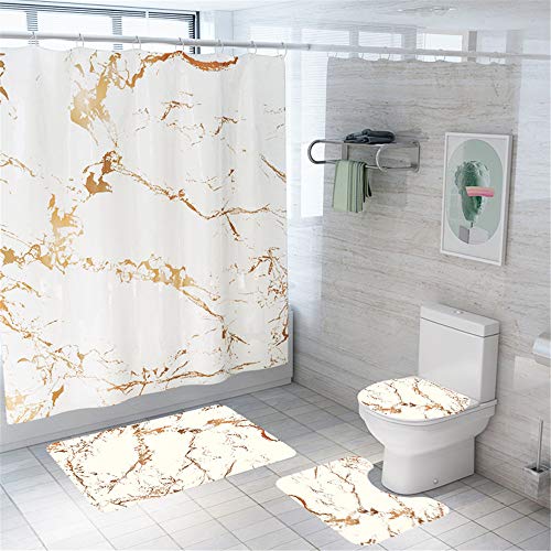 Enhome 4-teiliges Badvorleger-Set Duschmatte + Kontur Matte + WC-Deckelbezug + Duschvorhang, rutschfeste Badvorleger für Küche, Dusche und Toilette - Marmordruck (Beige) von Enhome