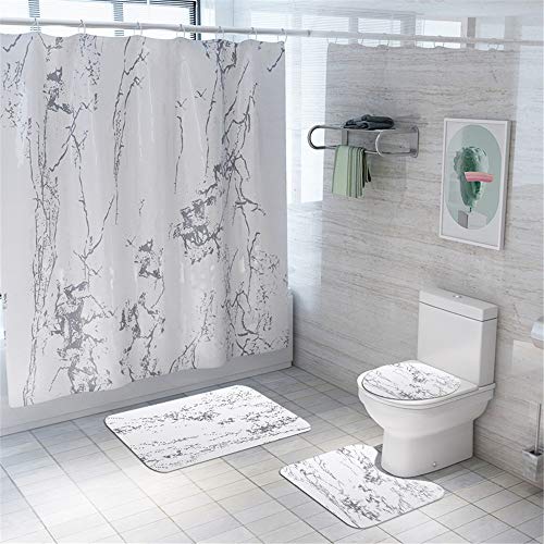 Enhome 4-teiliges Badvorleger-Set Duschmatte + Kontur Matte + WC-Deckelbezug + Duschvorhang, rutschfeste Badvorleger für Küche, Dusche und Toilette - Marmordruck (Weiß) von Enhome