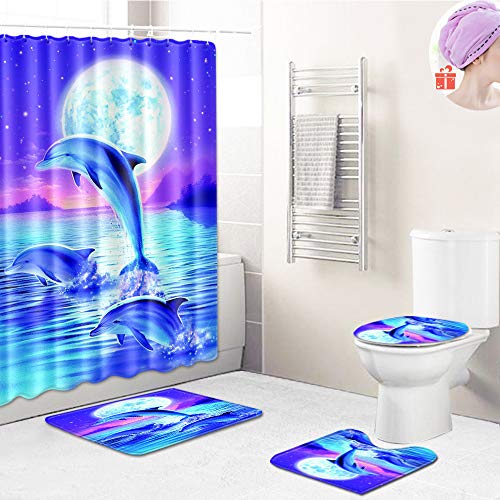 Enhome Badteppich Set 4teilig, 3D Delfin Badvorleger Duschvorleger Bad Fußmatten Badezimmermatten Set mit Duschvorhang, rutschfeste U-Sockelteppich, Toilettenabdeung und Badematte (M,Marine) von Enhome