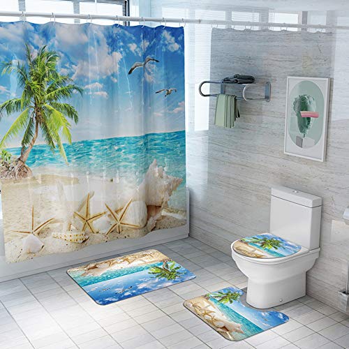 Enhome Badteppich Set 4teilig, Strand Druck Badvorleger Duschvorleger Bad Fußmatten Badezimmermatten Set mit Duschvorhang, rutschfeste U-Sockelteppich, Toilettenabdeung und Badematte (Baum) von Enhome