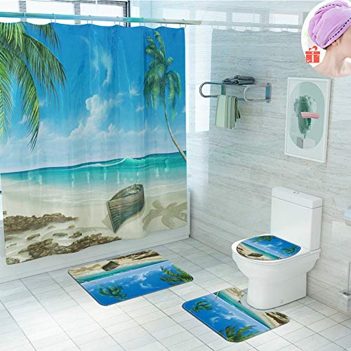 Enhome Badteppich Set 4teilig, Strand Druck Badvorleger Duschvorleger Bad Fußmatten Badezimmermatten Set mit Duschvorhang, rutschfeste U-Sockelteppich, Toilettenabdeung und Badematte (Meereswelle) von Enhome