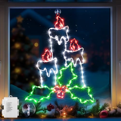Enhon 1 Packung Weihnachts-Fenster-Silhouetten-Licht, batteriebetriebene beleuchtete Kerzen mit Stechpalme und Beere, 8 Modi, Weihnachts-Silhouetten-Licht mit Timer, für Weihnachten, Urlaub, Innen von Enhon