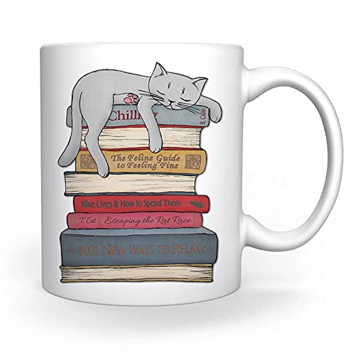 Katze Chillin Auf Das Bücher Tasse Weiß Für Kaffee Tee Cappuccino Kakao Mug White Coffee Tea Cacoa von Enigmae