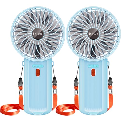 Enituo 2er-Pack Handventilator Tragbarer, USB Wiederaufladbar Mini Ventilator, 180° Faltbarer Tischventilator mit 4 Windgeschwindigkeiten, 6-15 Std. Laufzeit Ventilator Ideal für Reisen, Büro (Blau) von Enituo
