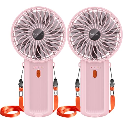 Enituo 2er-Pack Handventilator Tragbarer, USB Wiederaufladbar Mini Ventilator, 180° Faltbarer Tischventilator mit 4 Windgeschwindigkeiten, 6-15 Std. Laufzeit Ventilator Ideal für Reisen, Büro (Rosa) von Enituo