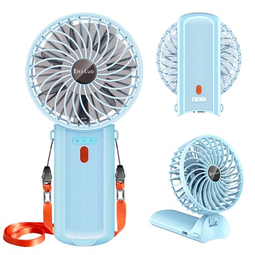 Enituo Handventilator Tragbarer, Mini USB Wiederaufladbar Hand Ventilatoren, 180° Faltbarer Tischventilator mit 4 Windgeschwindigkeiten, 6-15 Std. Laufzeit Ventilator Ideal für Reisen, Büro (Blau) von Enituo