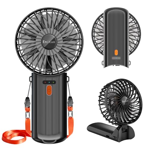 Enituo Handventilator Tragbarer, Mini USB Wiederaufladbar Hand Ventilatoren, 180° Faltbarer Tischventilator mit 4 Windgeschwindigkeiten, 6-15 Std. Laufzeit Ventilator Ideal für Reisen, Büro (Schwarz) von Enituo