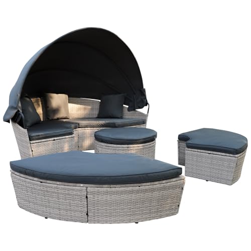 Enjoy Fit Poly Rattan Sonneninsel XL mit faltbarem Sonnendach Ø 210 cm inkl. Auflagen Kissen, Lounge Sonnenliege Gartenmuschel (Light Gray XL) von Enjoy Fit