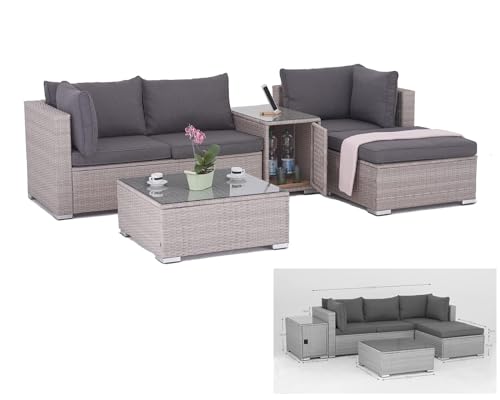 Enjoy Fit Rattan Polyrattan Lounge Sitzgruppe Garnitur Gartenmöbel aus 3 Sitzer Sofa, Hocker, Tisch mit Stauraum und Abstelltisch mit Glassplatte von Enjoy Fit