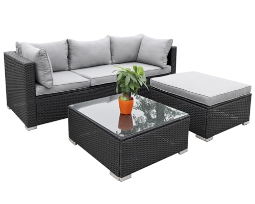 Enjoy Fit Polyrattan Lounge Sitzgruppe Gartenmöbel-Set Poly Rattan Garnitur 3 Sitzplätze, Rattan: schwarz/Bezüge: grau von Enjoy Fit