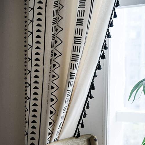 Schwarze und cremefarbene Vorhänge, 213 cm Länge, 2 Paneele, böhmische Bauernhaus-Vorhänge für Wohnzimmer, geometrische Baumwollleinen, halbtransparent, Fenstervorhang mit Quastenstangentasche Schwarze und cremefarbene Vorhänge, 213 cm Länge, 2 Paneele, böhmische Bauernhaus-Vorhänge für Wohnzimmer, geometrische Baumwollleinen, halbtransparent, Fenstervorhang mit Quastenstangentasche von EnjoyBridal