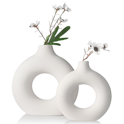 Enkinil Keramik-Blumen vase 2er-Set, Moderne Wohnzimmer-Dekoration, Runde Pampasgras Vase, Beige Ästhetische Design Vase, Boho Deko Für Kamin, Küche, Wohnzimmer, Büro, Ausgefallene Geschenk Idee von Enkinil