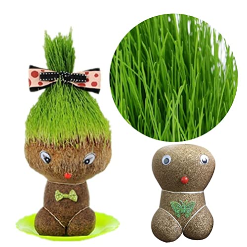Enkomy Graskopf Puppe，Mini Bonsai Kopf Graspuppe， DIY Zimmerpflanzen, Gras Kopf Puppe mit Töpfe， Mini Niedliche Topfpflanzen Büro Garten Dekoration von Enkomy