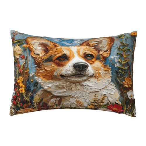 EnkzpoHen Kissenbezug mit verstecktem Reißverschluss, rechteckig, Corgi-Blumenmuster, Frühlingsgarten-Druck, bequem, atmungsaktiv von EnkzpoHen