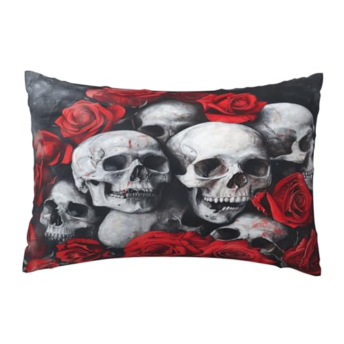 EnkzpoHen Kissenbezug mit verstecktem Reißverschluss, rechteckig, Totenkopf und rote Rose, bequem, atmungsaktiv von EnkzpoHen