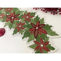 Handgemachter Tischläufer, Roter Und Grüner Blumenperlen-Tischläufer, Weihnachtssternläufer, 13x36Inch von Enlivenstores