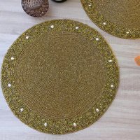 Set Von 6, Handgemachte Perlen Tischset, Matt Gold Ladeplatte, 35 cm Set Von 6, Handgemachte Perlen Tischset, Matt Gold Ladeplatte, 35 cm von Enlivenstores