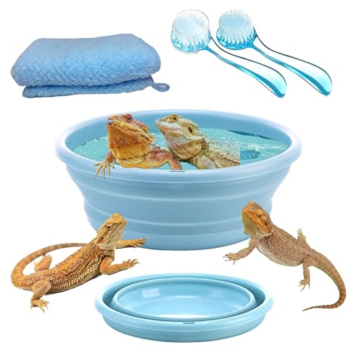 Faltbare Bartagamen-Badewanne mit 2 Reptilien-Badebürste und 1 Eidechsen-Handtuch, Bartagamen-Zubehör, Bartagrachen-Whirlpool für Bartagamen, Gecko, Chamäleon, Bartdrachenpool von Enochainchin