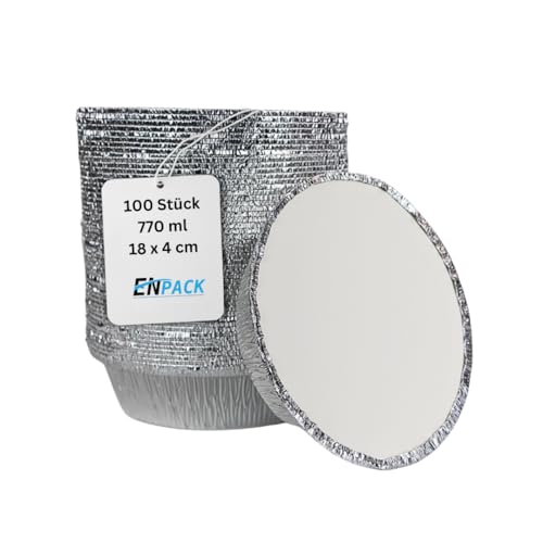 Enpack 100 Stück Aluminiumschale mit Deckel C801-770L - Aluminium Menüschale - Runde Form mit 770ml - 18x4,4 cm Alu Form - Grillschalen - Einwegverpackungen - Einmalbehälter für Pasta/Nudeln von Enpack