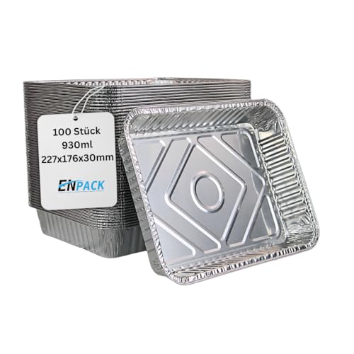 Enpack Aluschale R879-930G - 100 Stück Aluminiumschalen mit Alu-deckel 930ml - Ungeteilte Menüschale - Maße 226 x 176 x 30 mm - Grillschalen - Einwegverpackungen - Assietten für Pasta/Nudeln von Enpack