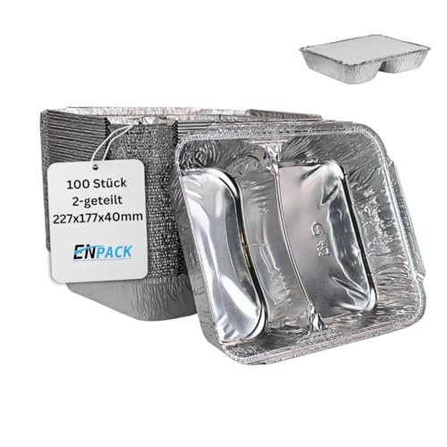 Enpack Aluschale R808-1020L - 100 Stück Aluschalen mit Einlegedeckel 1020ml - Zweigeteilte Menüschale 23x18x3,9 cm - Grillschalen - Einwegverpackungen - alubehälter für Pasta/Nudeln - Aluminiumschale von Enpack