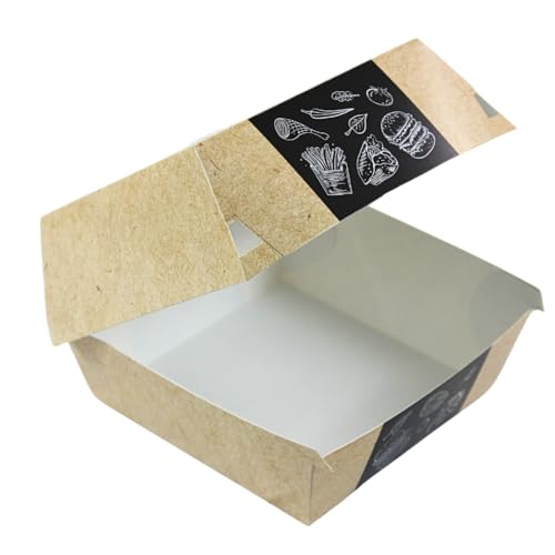 Enpack Burger-Schalen aus Kraftpapier - 13,5 x 13,5 x 9 cm Snackbox To Go mit Klappdeckel - Einmalbehälter mit Druck für Chips und Snacks - Beige von Enpack