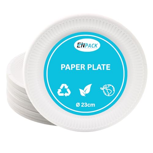 Enpack 100 Stück Einweg Teller aus Papier 23cm - Einwegteller in weiß - Pappteller Geburtstag - Einweggeschirr umweltfreundlich & nachhaltig - Einmal Teller für Partys - bio plates von Enpack