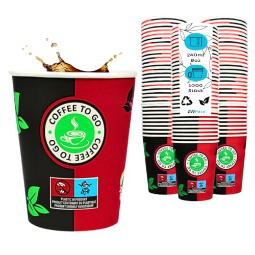 Enpack 1000 Kaffeebecher 80mm - ökologisch abbaubare einweg kaffeetassen 200ml/8oz - Hitzebeständige to Go Becher - Recycelbare cafe to go becher für Kaffee/Tee von Enpack