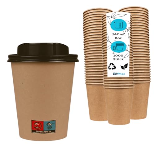 Enpack 1000 braune Pappbecher mit Deckel 200 ml aus Kraftpapier - Kaffeebecher to go zum servieren von Tee, Kaffee, Glühwein oder anderen Getränken - Coffee To Go Becher Enpack 1000 braune Pappbecher mit Deckel 200 ml aus Kraftpapier - Kaffeebecher to go zum servieren von Tee, Kaffee, Glühwein oder anderen Getränken - Coffee To Go Becher von Enpack