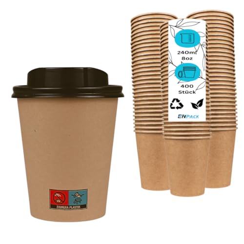 Enpack 400 Kaffeebecher braun mit Deckel 80mm - einweg kaffeetassen mit 200ml/8oz Füllmenge - Hitzebeständige to Go Becher - Recycelbare cafe to go becher für Kaffee/Tee/Kakao -Kraftpapier von Enpack