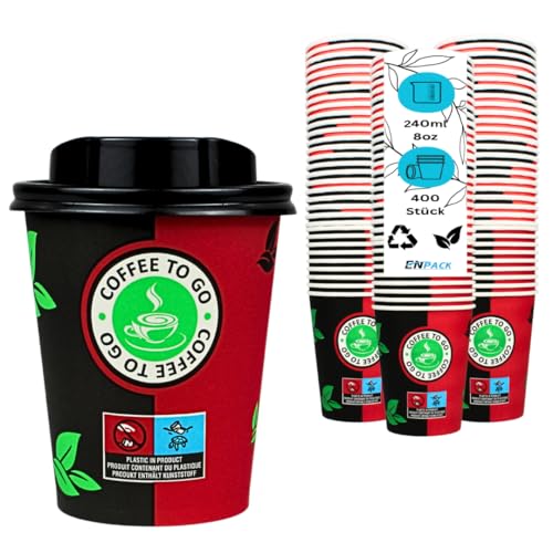 Enpack 400 Schwarz/Rote Pappbecher mit Deckel 200 ml aus Kraftpapier - Kaffeebecher to go zum servieren von Tee, Kaffee, Glühwein oder anderen Getränken - Coffee To Go Becher von Enpack