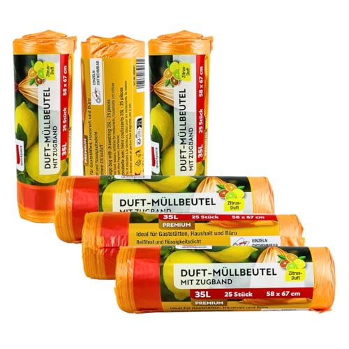 Enpack 5 Rollen Müllbeutel mit Zugband 25 Stück pro Rollle 58 x 67 cm hochwertige Müllsäcke 35L mit Zitrus-Duft - Mülltüten orange Ideal für den Einsatz in Gewerbebetrieben sowie im Haushalt Enpack 5 Rollen Müllbeutel mit Zugband 25 Stück pro Rollle 58 x 67 cm hochwertige Müllsäcke 35L mit Zitrus-Duft - Mülltüten orange Ideal für den Einsatz in Gewerbebetrieben sowie im Haushalt von Enpack