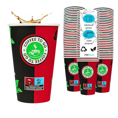 Enpack 500 Schwarz/Rote Pappbecher 300 ml aus Kraftpapier - Kaffeebecher to go zum servieren von Tee, Kaffee, Glühwein oder anderen Getränken - Coffee To Go Becher von Enpack