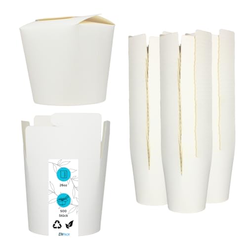 Enpack Nudelboxen in weiß 750ml/26oz aus robustem Kraftpapier 500 Stk - Stapelbare, wiederverschließbare, nachhaltige Asia Box für den Transport von Asia Nudeln und anderen Take-Away-Gerichten von Enpack