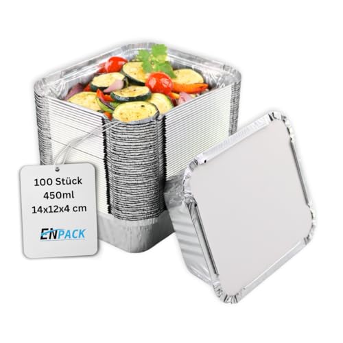 Enpack Aluschale R28L-450L - 100 Stück Aluminiumschalen mit Deckel - Aluminium Menüschale - eckige Alu Form mit 450ml - Aluschalen Take away - Grillschalen - Einwegverpackungen - Einmalbehälter von Enpack