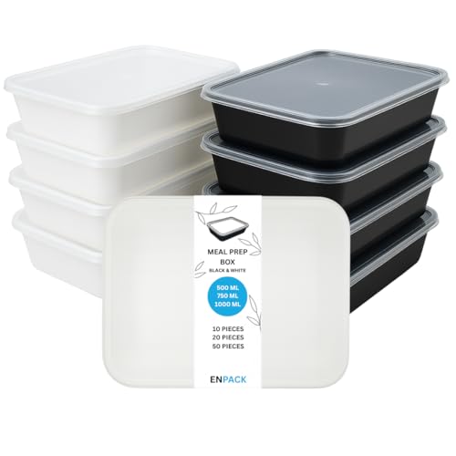 Enpack Aufbewahrungsbox mit Deckel weiß/schwarz 1000ml - Mikrowellenfeste Aufschnittboxen - Vorratsdosen mit Deckel luftdicht optimal als Kühlschrank organizer, meal prep box (10, weiß, 1000 ml) von Enpack