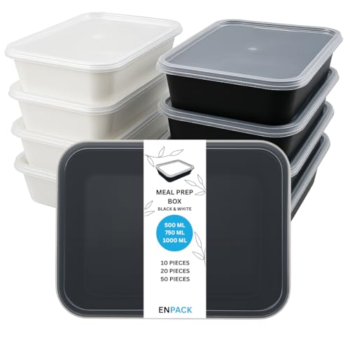 Enpack Aufbewahrungsbox mit Deckel weiß/schwarz 500ml - Mikrowellenfeste Aufschnittboxen - Vorratsdosen mit Deckel luftdicht optimal als Kühlschrank organizer, meal prep box (10, Schwarz, 500 ml) von Enpack