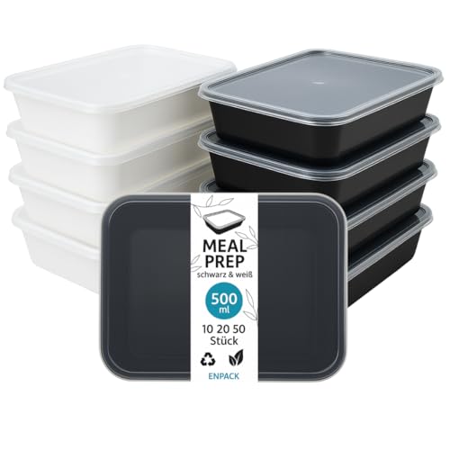 Enpack Aufbewahrungsbox mit Deckel weiß/schwarz 500ml - Mikrowellenfeste Aufschnittboxen - Vorratsdosen mit Deckel luftdicht optimal als Kühlschrank organizer, meal prep box (20, Schwarz, 500 ml) von Enpack