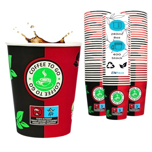Enpack 400 Kaffeebecher 80mm - ökologisch abbaubare einweg kaffeetassen 200ml/8oz - Hitzebeständige to Go Becher - Recycelbare cafe to go becher für Kaffee/Tee von Enpack
